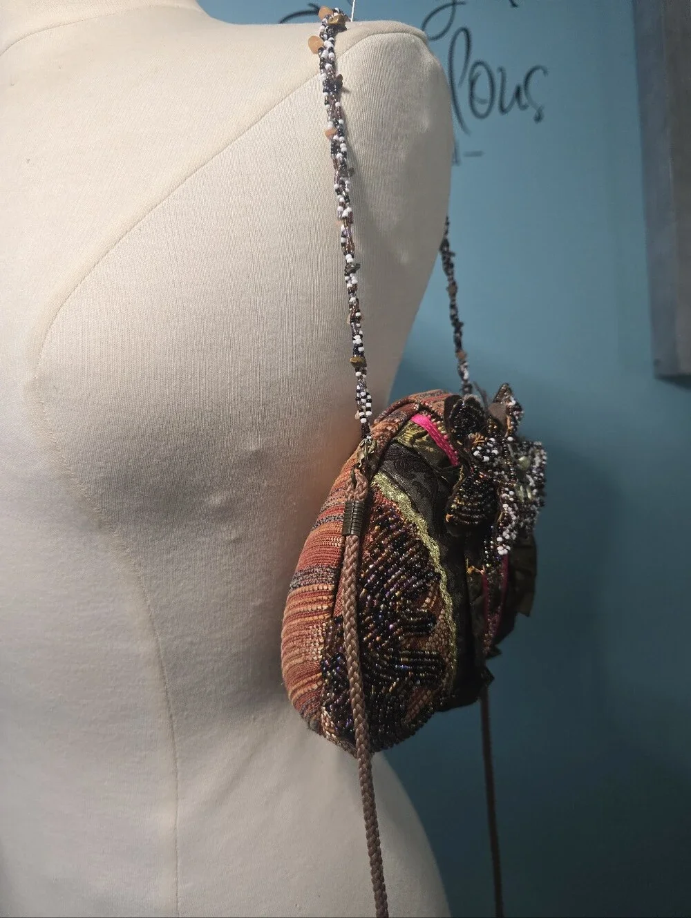 Embellished Beaded Multi Earth-Toned Crossbody Bag